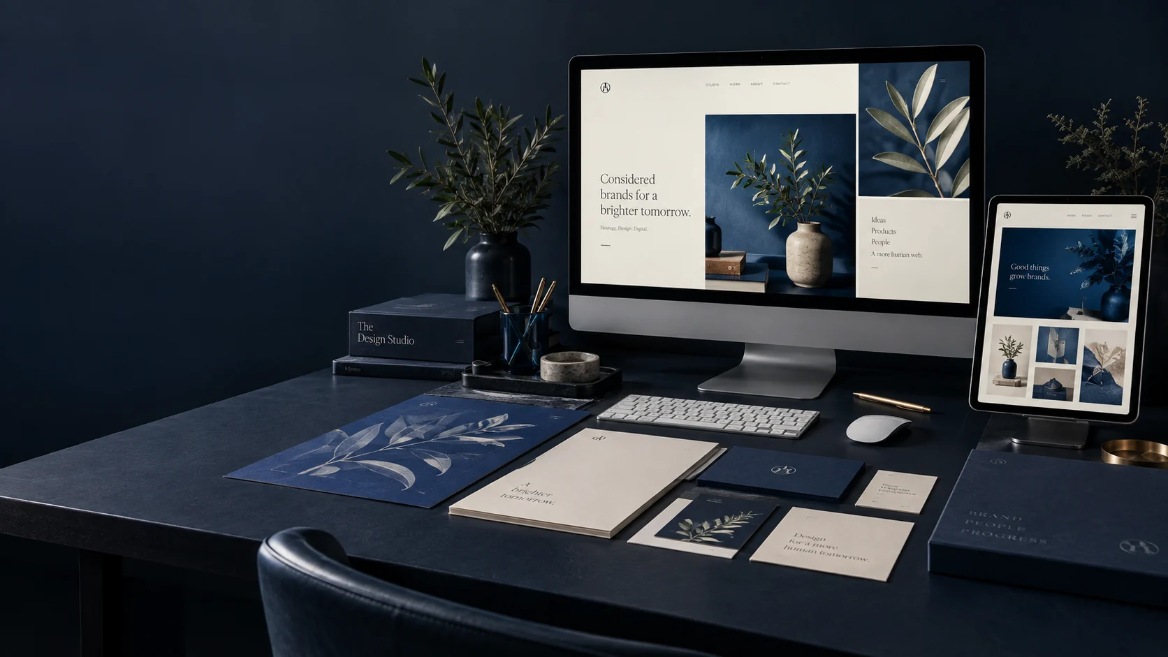 Minh họa website trên máy tính, máy tính bảng và bộ nhận diện thương hiệu